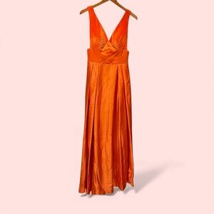 Stunning tangerine dream velvet deep v satin maxi dress mesh side panel ballgown